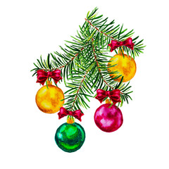 Christmas fir tree branch, ornaments with bows isolated