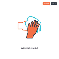 2 color WASHING HANDS concept line vector icon. isolated two colored WASHING HANDS outline icon with blue and red colors can be use for web, mobile. Stroke line eps 10.