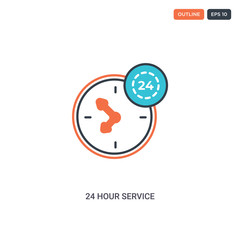 2 color 24 hour service concept line vector icon. isolated two colored 24 hour service outline icon with blue and red colors can be use for web, mobile. Stroke line eps 10.