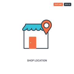 2 color Shop location concept line vector icon. isolated two colored Shop location outline icon with blue and red colors can be use for web, mobile. Stroke line eps 10.