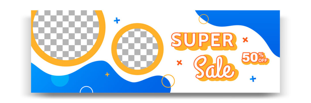 Abstract gradient modern geometric banner template design in blue, yellow, orange color. Suitable for advertising and promotion in social media post, blog, web, cover, header. Vector Illustration. 