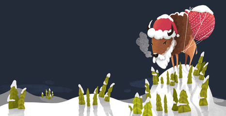 Chinese new year 2021 cow ox zodiac cartoon image on dark background. Boll in red hat with gift bag. Perfecr for banner. Simbol. Hand Drawn colorfull banner illustration. © Nataly Agapitova