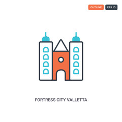 2 color fortress city valletta architecture concept line vector icon. isolated two colored fortress city valletta architecture outline icon with blue and red colors can be use for web, mobile. Stroke