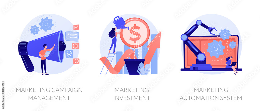 Sticker business growth ways icon set. workflow modernization. marketing campaign management, marketing inve