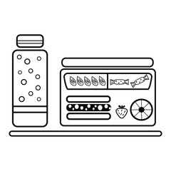 Lunchbox and water bottle black line vector icon. 