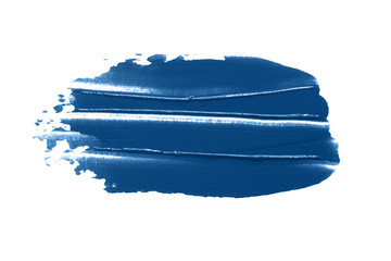 Classic blue lipstick swatch smear smudge isolated on white. Trendy color makeup year 2020