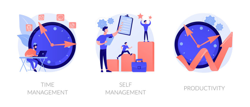 Performance increase ways icons set. Motivation and self discipline, goal achievement. Time management, self management, productivity metaphors. Vector isolated concept metaphor illustrations.