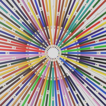 Random color pencils in circle on white background. Quality 3D render.