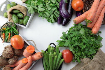 Indian vegetables of Tomatoes, carrots, Yams, Pointed gourd, Green chilies, Methi leaves, cilantro, and egg plants with copy space.