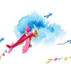 Seamless watercolor pattern with children's vintage planes, military parade, air show. © AnnaNenasheva