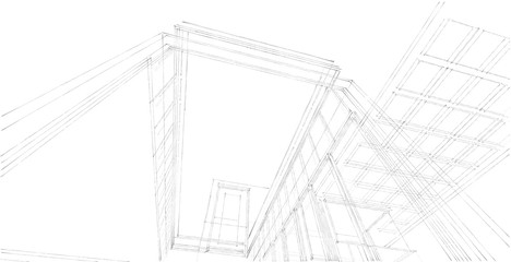 Architectural sketch line, Modern house design work free hands drawing, Blueprint construction, 3D illustration.