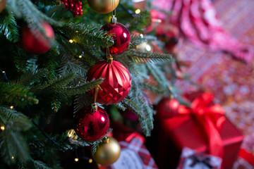 Merry Christmas and New Year holidays background. Beautiful decorated christmas tree.