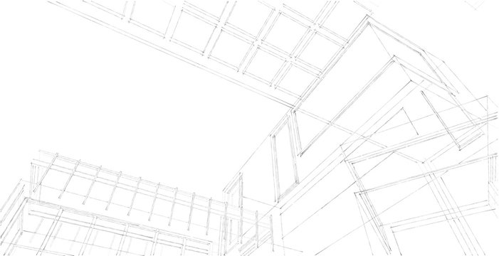 Architectural sketch line, Modern house design work free hands drawing, Blueprint construction, 3D illustration.