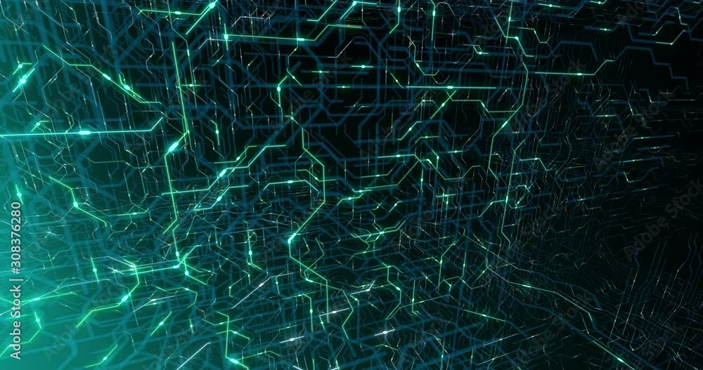 Poster 4k seamless loop of printed circuit board (pcb) in motion. artificial intelligence (ai), data mining