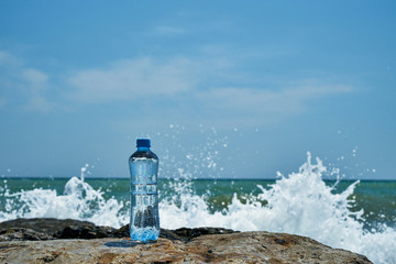 Plastic bottle. Coast of the sea. Waves hit the stones.