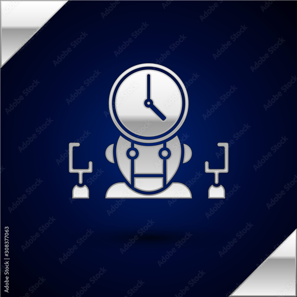 Poster silver robot and digital time manager icon isolated on dark blue background. time management assista