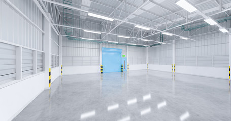 Factory or warehouse or industrial building. Protection with roller door or roller shutter. Modern interior design with concrete floor, steel wall and empty space for industry background. 3d render.