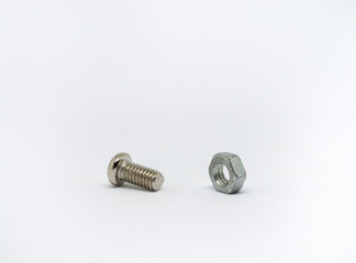 close up marco old metal nut and bolt on isolate background - 308377205
