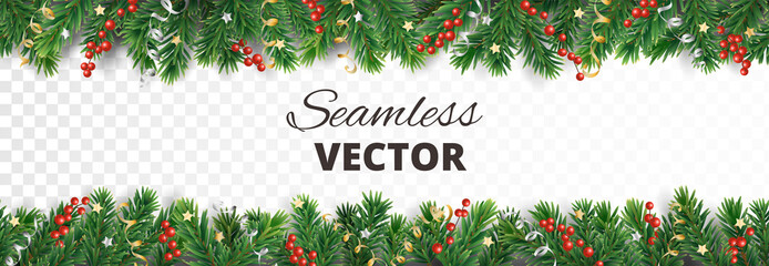 Vector Christmas decoration. Christmas tree border with holly berries. - obrazy, fototapety, plakaty