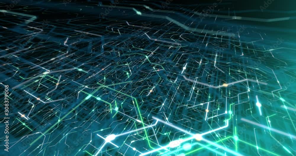Poster 4k seamless loop of printed circuit board (pcb) in motion. artificial intelligence (ai), data mining