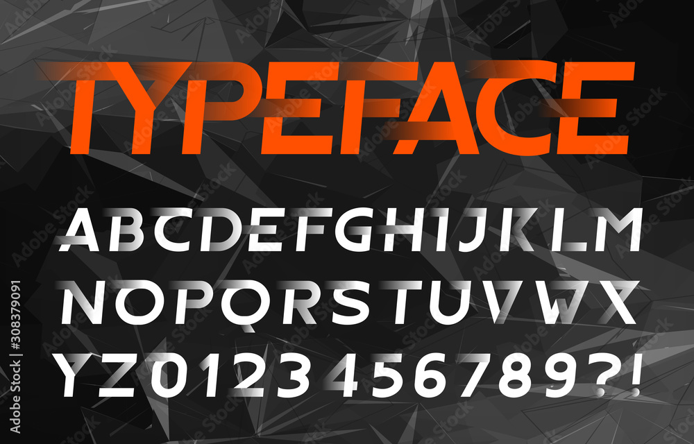 Poster abstract alphabet font. speed effect oblique letters and numbers. dark polygonal background. stock v