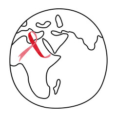 Linear Earth with red awareness ribbon. Watercolor HIV and AIDS ribbon
