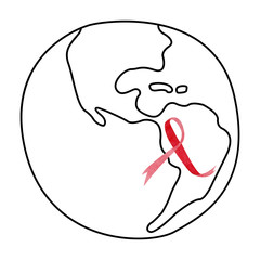 Linear Earth with red awareness ribbon. Watercolor HIV and AIDS ribbon