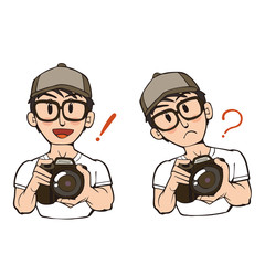 カメラを構えている若い男性：笑顔と困り顔のセット