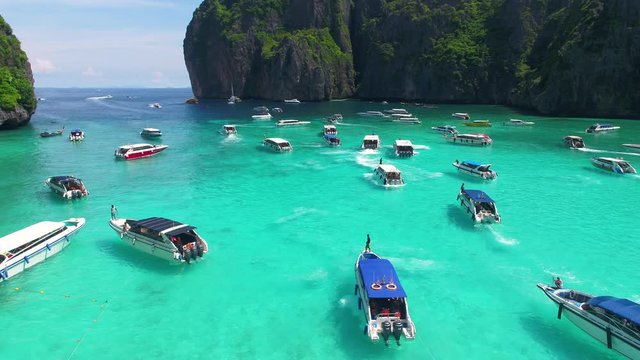 Aerial view of iconic tropical Maya Bay,Phi Phi islands, Thailand	