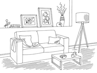 Living room graphic black white home interior sketch illustration vector