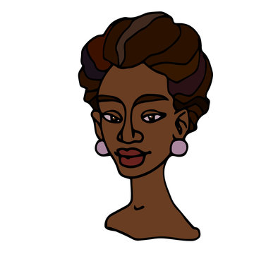 head of an african curly young cute brunette girl with almond eyes, avatar, color vector illustration with black contour lines isolated on a white background in a hand drawn and cartoon style