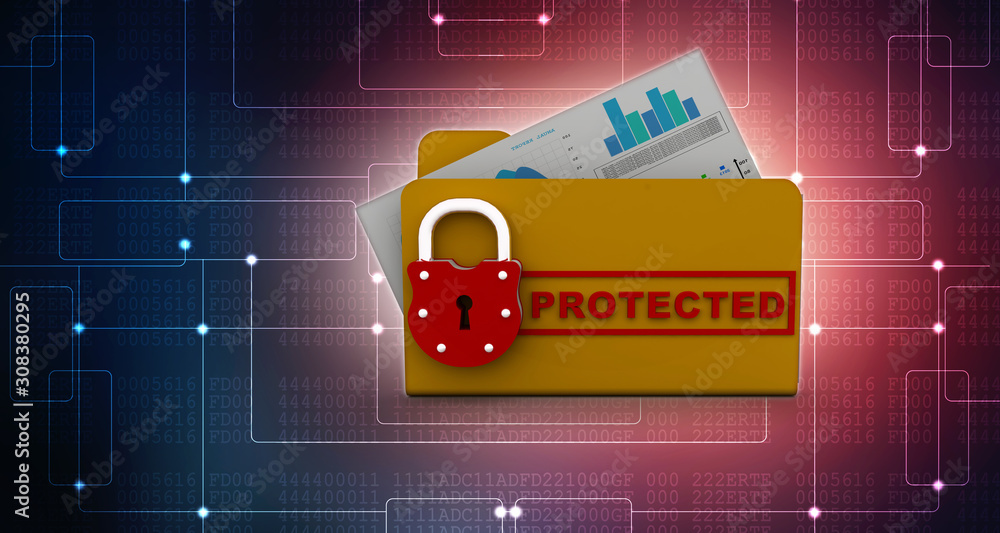Poster yellow folder and lock. data security concept. 3d rendering