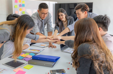 Success Business people Teamwork Concept, Businessman and business woman joining hands at meeting room