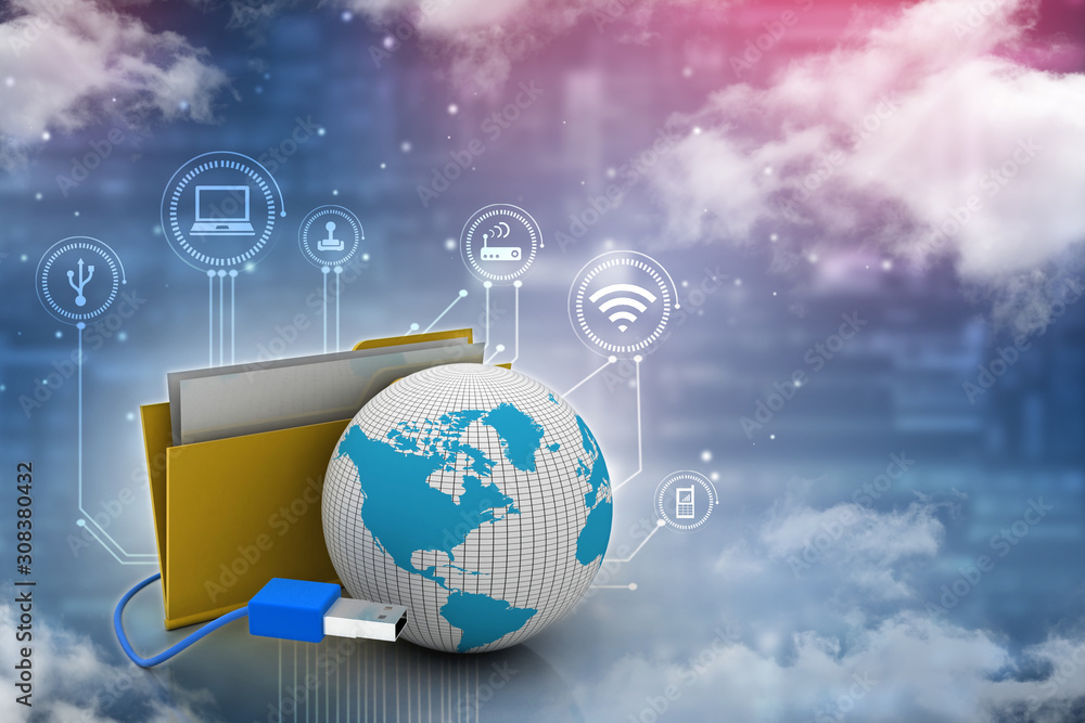 Aufkleber 3d rendering usb icon connected folder with globe