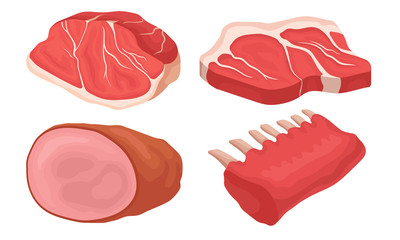 Meat Collection, Different Fresh Cuts of Meat Gastronomic Products Vector Illustration