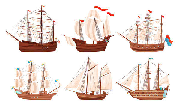 Vintage Sailing Ships Collection, Old Wooden Boats with White Sails and Flags Vector Illustration