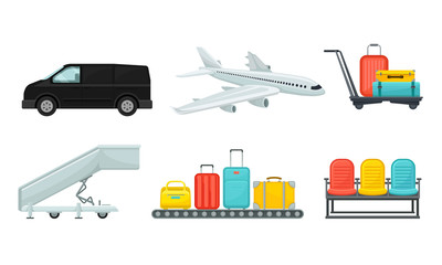 Airport Design Elements Set, Different Transport Types, Service Facilities, Conveyor Baggage Belt, Row Seats Security Checkpoint Vector Illustration on White Background.