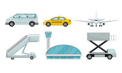 Airport Design Elements Set, Different Transport Types, Service Facilities, Gangway, Terminal Building Vector Illustration