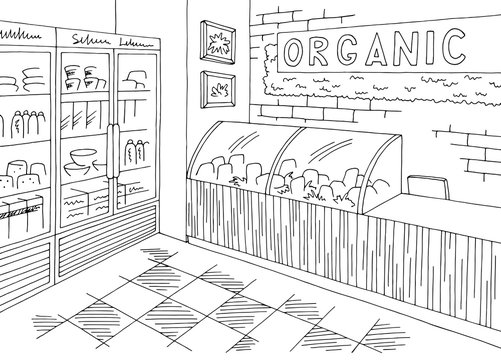 Grocery store organic shop interior black white graphic sketch illustration vector