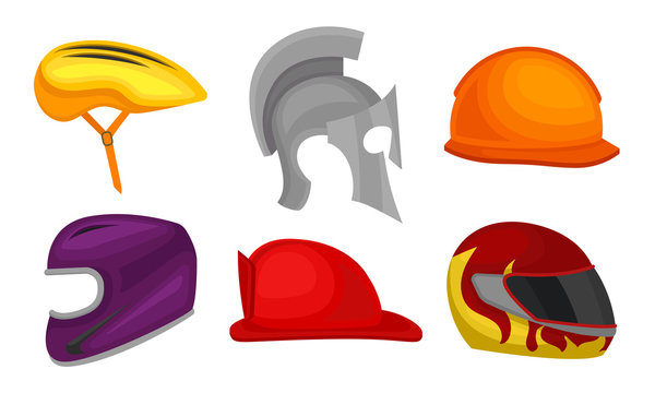 Different Helmets Collection, Headgear of Knight, Cyclist, Athlete, Motorcyclist Vector Illustration
