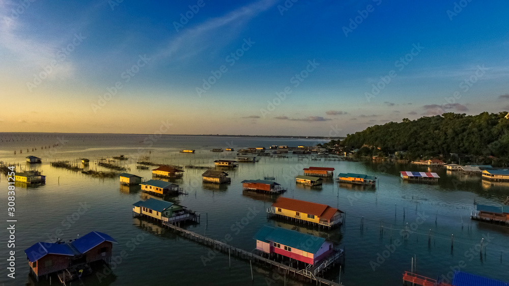 Wall mural aerial view nature scenic landscape of koh yo island in songkhla lake with house, famous landmark of