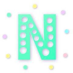 Letter N in paper cut style on white background. Typographic design. Bold capital green letter