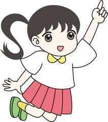 女の子　ジャンプ　指差す　案内　子ども　元気　ポイント　ポニーテール　かわいい　スカート