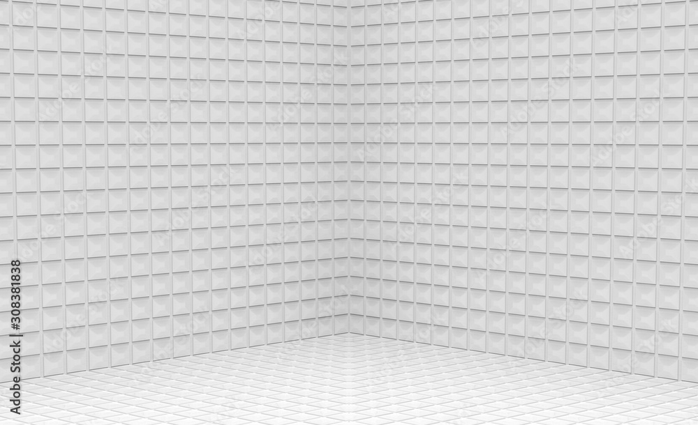 Poster 3d rendering. empty modern small square grid pattern ceramic tiles corner wall design background.