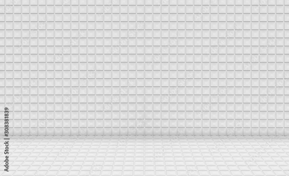 Poster 3d rendering. empty modern small square grid pattern ceramic tiles wall design background.