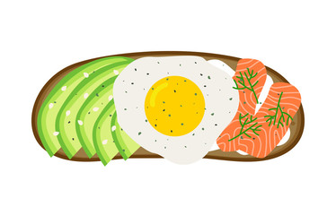 healthy sandwich with fried egg smoked salmon cream cheese avocado top view vector illustration