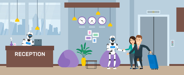 couple of business people man and woman near reception desk and robot humanoid receptionist modern technology concept