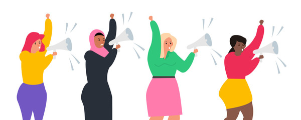 group of international woman shouting in megaphone vector illustration