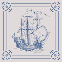 Old caravel. Ship on the Blue Dutch tile. Imitation. Frigate, vintage sailboat, Sailing vessel , glazed porcelain ceramic.