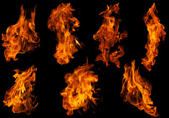 Fire collection set of flame burning isolated on dark background for graphic design purpose